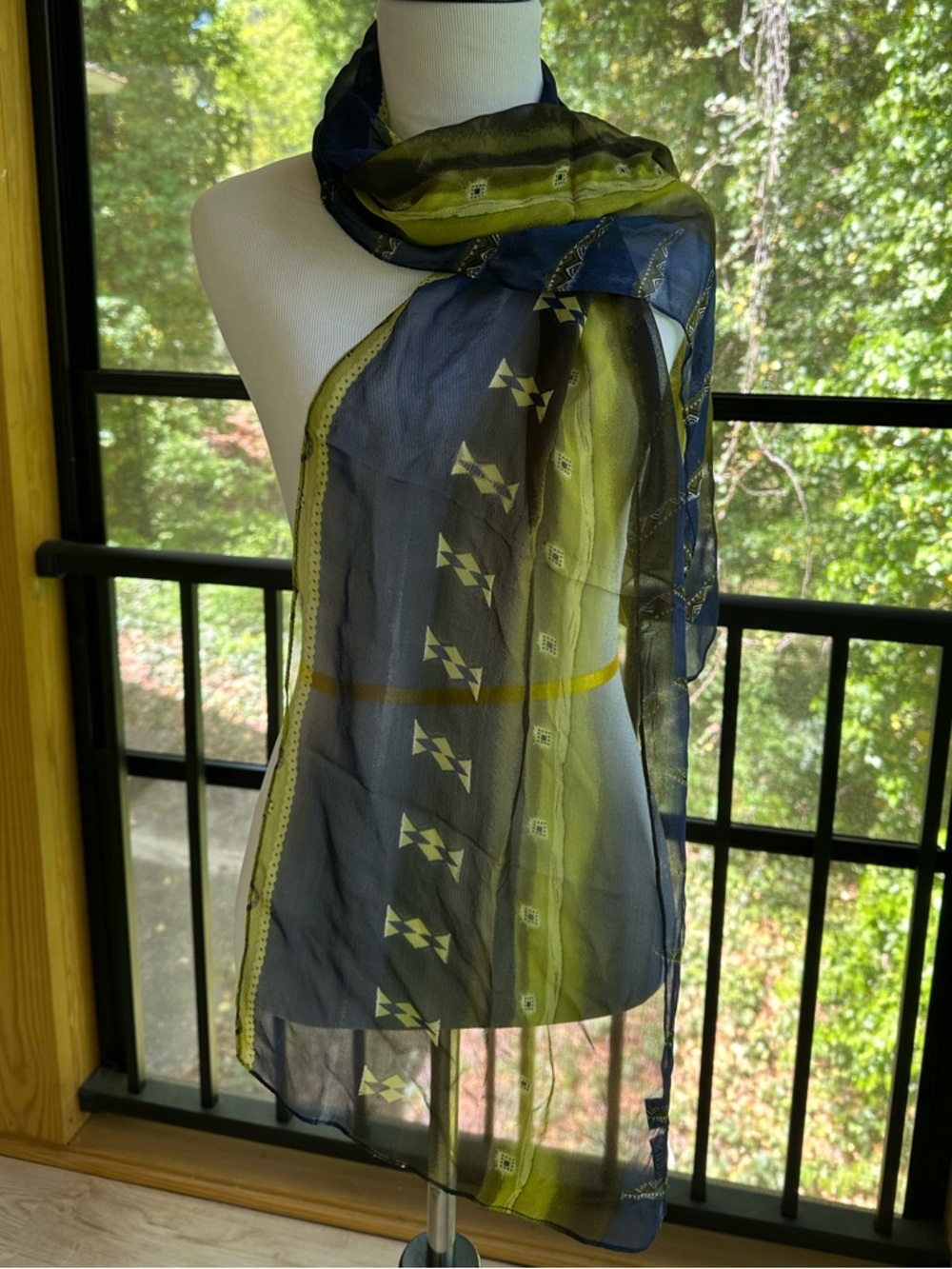 Chico’s Silk Oblong Scarf Artsy Boho Royal Blue & Lime Green Colorblock Designs - Picture 4 of 17